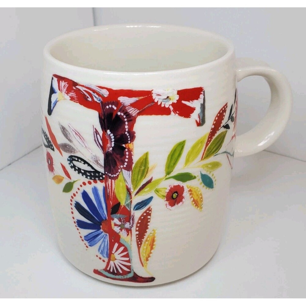 Anthropologie STARLA HALFMANN Floral MONOGRAM MUG Letter "T" NEW Bohemian Hippie